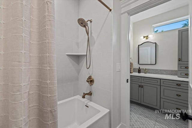 25580 Gooseberry Ln, Caldwell, ID 83607 - bathroom featuring shower / tub combo with curtain, vanity, and tile patterned floors