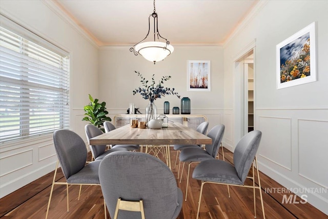 dining space with wainscoting, ornamental molding, wood finished floors, and a decorative wall