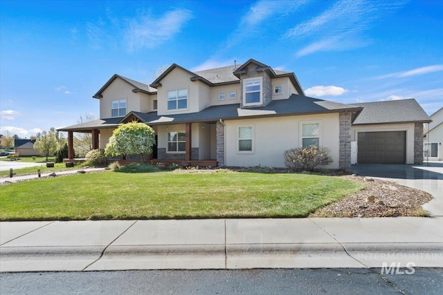 view of front facade featuring concrete driveway, a garage, stone siding, and stucco siding