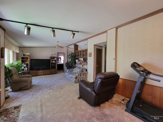 carpeted living room with ceiling fan, a healthy amount of sunlight, lofted ceiling, and rail lighting