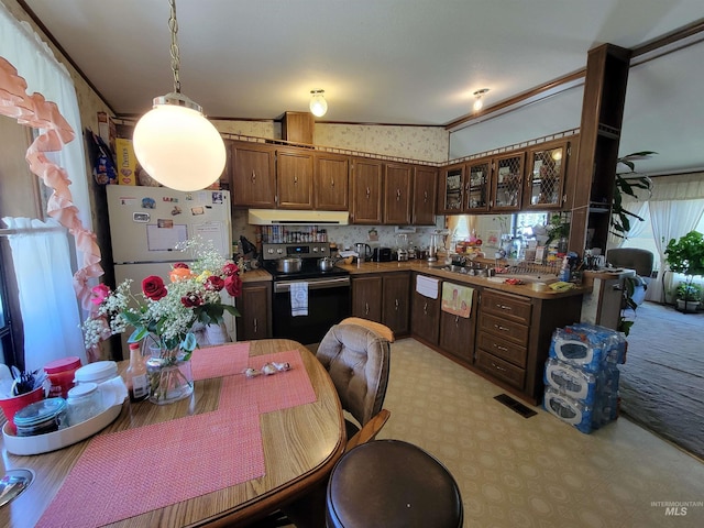 kitchen with dark brown cabinetry, white refrigerator, crown molding, pendant lighting, and stainless steel electric stove