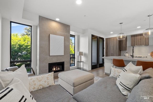 1620 W Bannock St # 303, Boise, ID 83702 - living room with recessed lighting, light wood-style flooring, and a fireplace