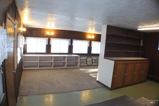 interior space with concrete floors and wood walls