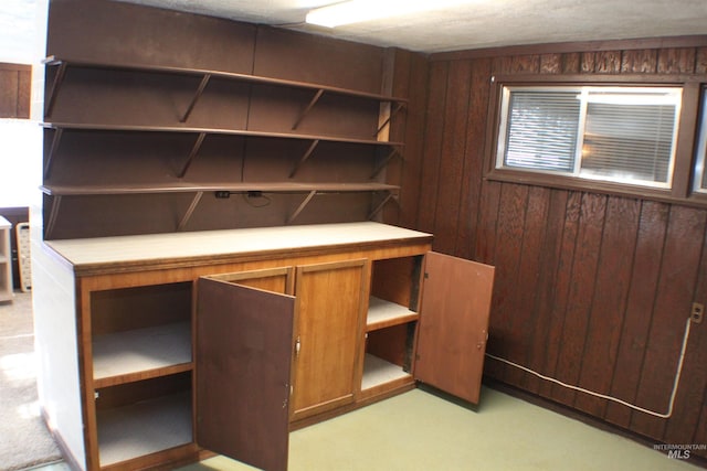 unfurnished office featuring wood walls