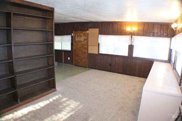 carpeted spare room featuring a textured ceiling and wood walls