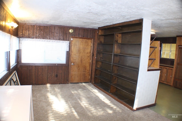 interior space featuring a healthy amount of sunlight, a textured ceiling, and wood walls