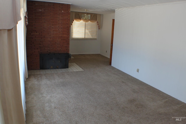 unfurnished living room featuring light colored carpet and a fireplace