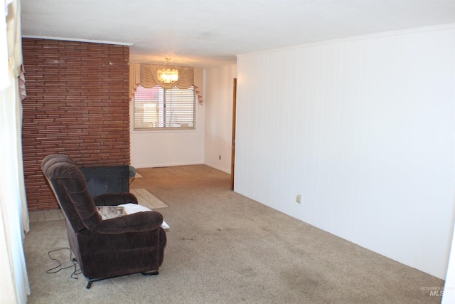 living area featuring crown molding, light colored carpet, and a notable chandelier