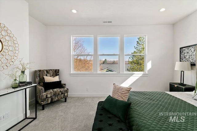 bedroom with light carpet