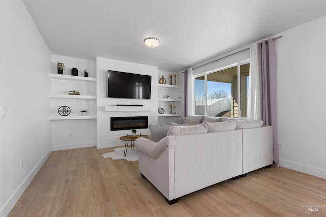 8333 S Updale Ave, Meridian, ID 83642 - living area featuring baseboards, built in features, a large fireplace, and light wood-style floors