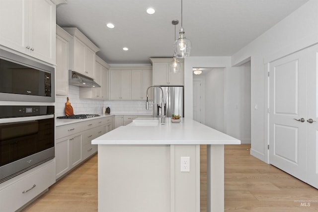 8333 S Updale Ave, Meridian, ID 83642 - kitchen with under cabinet range hood, stainless steel appliances, light countertops, backsplash, and a sink
