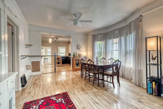 dining area featuring wood finished floors and a ceiling fan