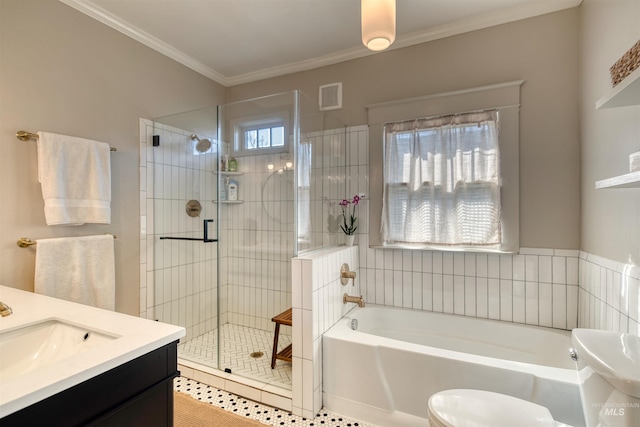 full bath with visible vents, toilet, a stall shower, ornamental molding, and a bath