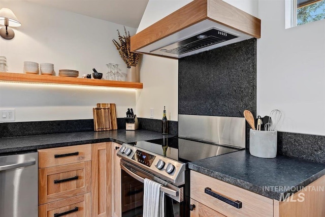 2672 E 4000 N, Twin Falls, ID 83301 - kitchen with stainless steel appliances, premium range hood, dark countertops, open shelves, and light brown cabinets