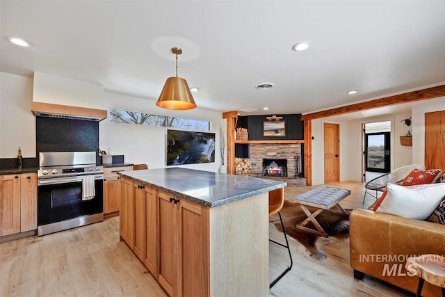 2672 E 4000 N, Twin Falls, ID 83301 - kitchen with open floor plan, dark countertops, a stone fireplace, light wood-type flooring, and recessed lighting
