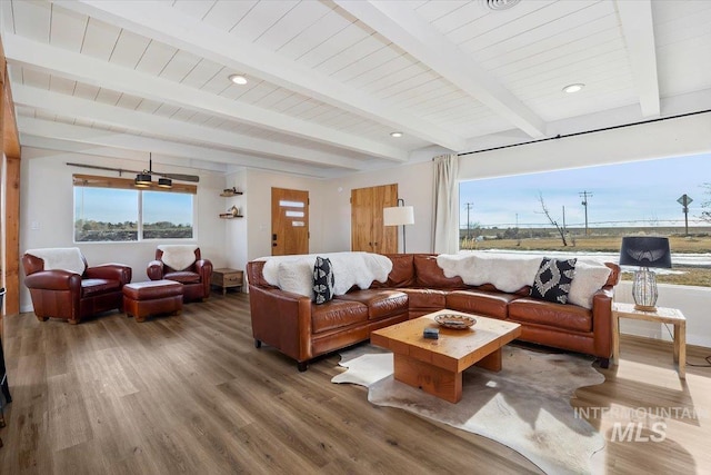 2672 E 4000 N, Twin Falls, ID 83301 - living area featuring wood finished floors and wooden ceiling with exposed beams