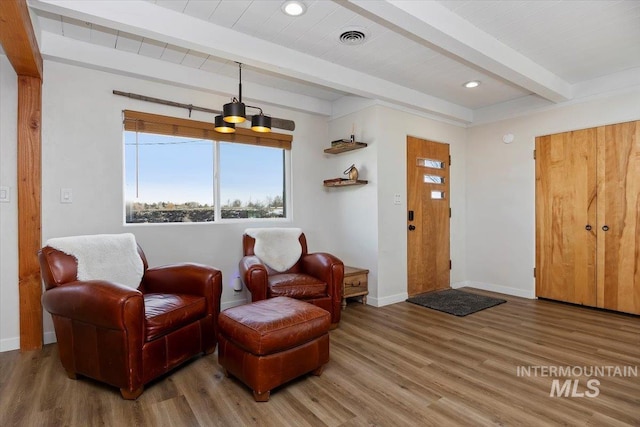 2672 E 4000 N, Twin Falls, ID 83301 - sitting room with beamed ceiling, wood finished floors, baseboards, and recessed lighting