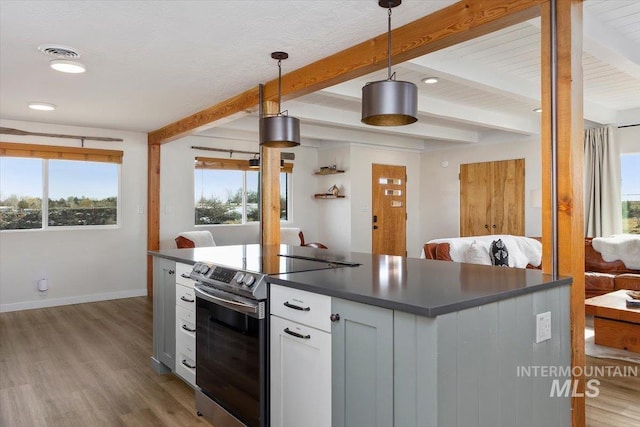2672 E 4000 N, Twin Falls, ID 83301 - kitchen featuring dark countertops, stainless steel electric stove, baseboards, beamed ceiling, and wood finished floors