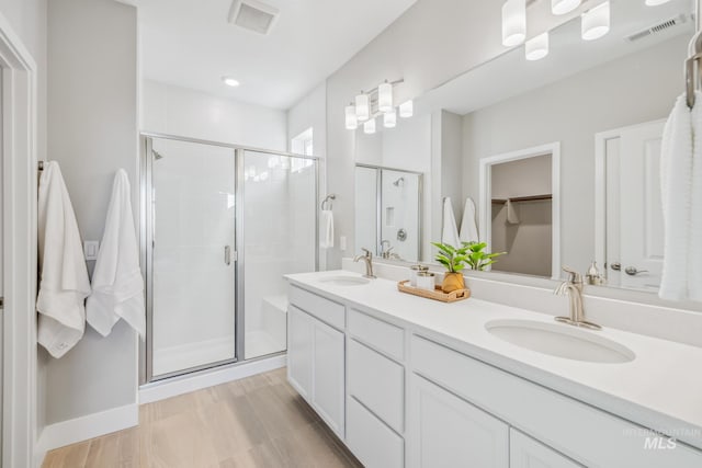 bathroom with a shower with shower door and vanity