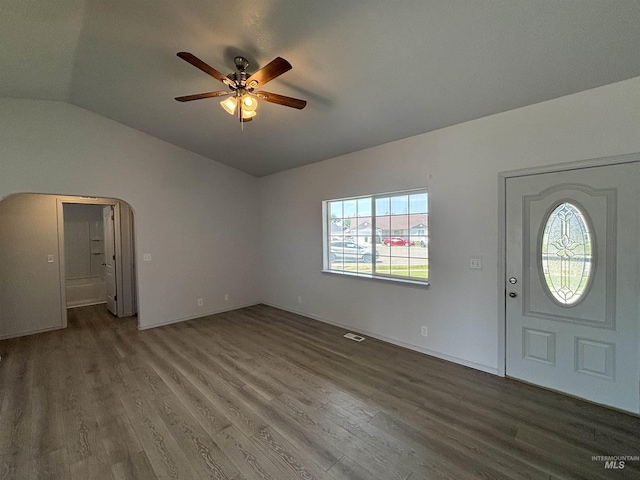 1150 NW 22nd St, Fruitland, ID 83619 - entrance foyer with a ceiling fan, lofted ceiling, and wood finished floors