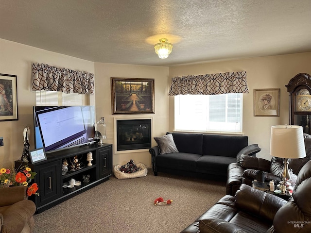 168 Long Is, Twin Falls, ID 83301 - carpeted living area featuring a glass covered fireplace and a textured ceiling