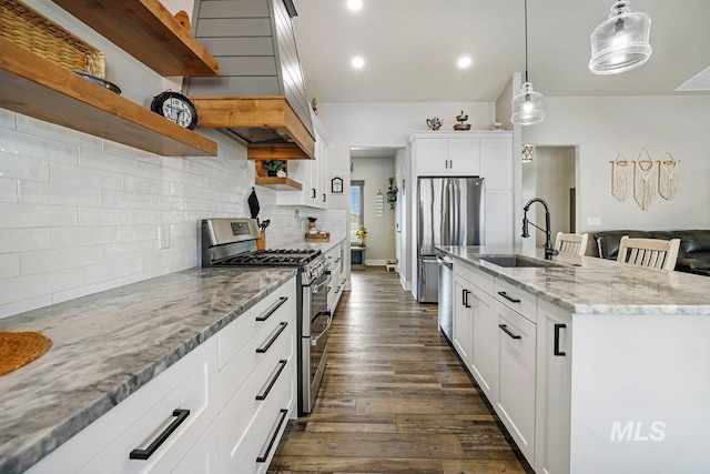 910 Blueridge Dr, Kimberly, ID 83341 - kitchen featuring open shelves, stainless steel appliances, a sink, light stone countertops, and hanging light fixtures
