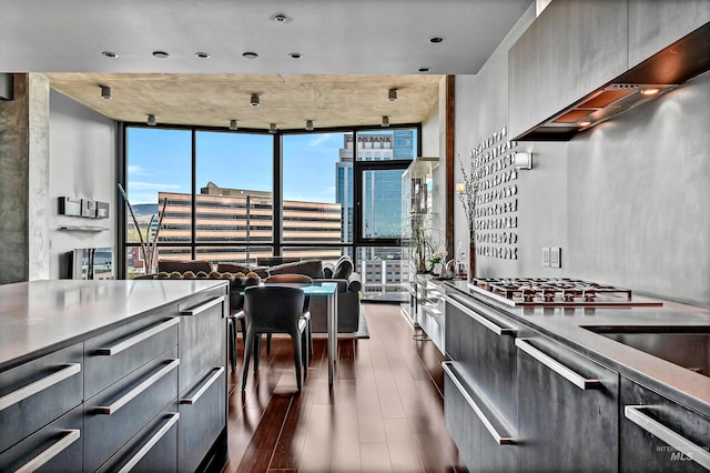 kitchen featuring exhaust hood, dark wood-type flooring, stainless steel gas cooktop, and expansive windows