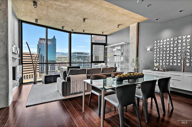 dining space featuring expansive windows and dark hardwood / wood-style floors