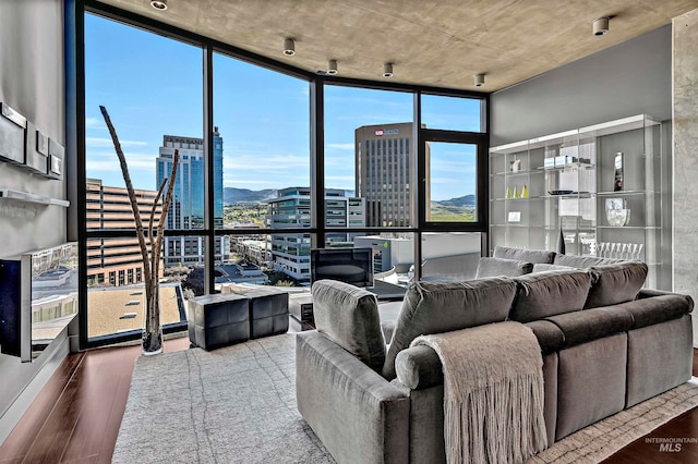 living room with floor to ceiling windows and hardwood / wood-style floors