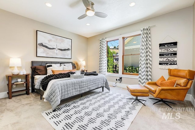 bedroom featuring carpet, recessed lighting, baseboards, and ceiling fan