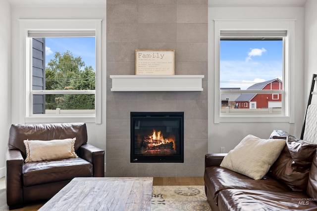 living area featuring wood finished floors and a tile fireplace