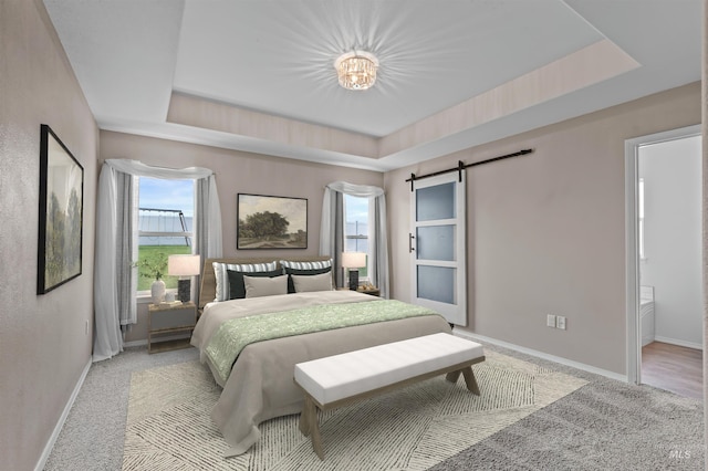 1724 Pioneer Dr, Lewiston, ID 83501 - bedroom featuring a raised ceiling, a barn door, multiple windows, and light colored carpet