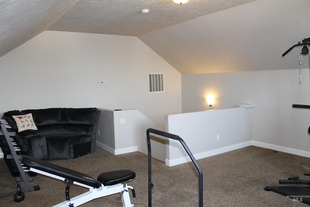 4951 W Torana St, Meridian, ID 83646 - workout area featuring vaulted ceiling, a textured ceiling, and carpet flooring