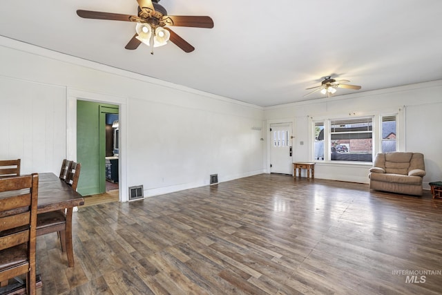1631 Poplar Ave, Twin Falls, ID 83301 - living area with ceiling fan, ornamental molding, wood finished floors, and visible vents