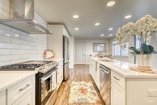 kitchen with light wood finished floors, stainless steel appliances, extractor fan, light countertops, and a sink