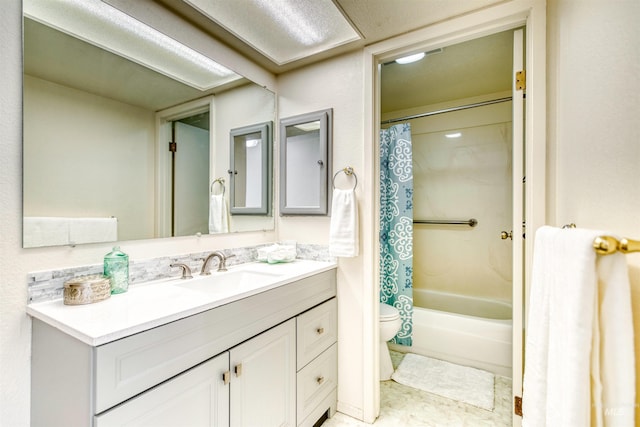 full bathroom featuring shower / bath combination with curtain, vanity, and toilet