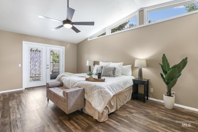 bedroom with access to outside, vaulted ceiling, baseboards, wood finished floors, and french doors