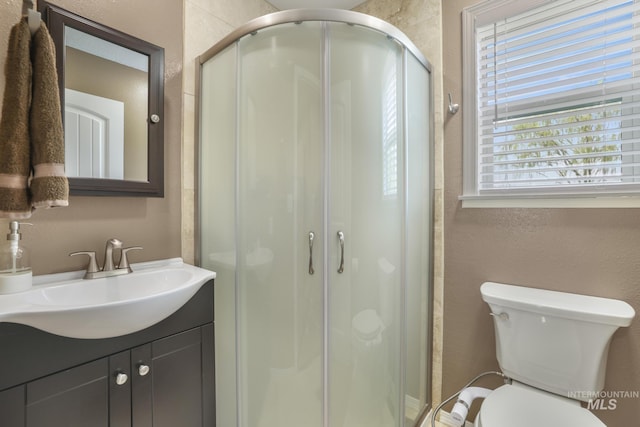 full bathroom with a shower stall, toilet, and vanity