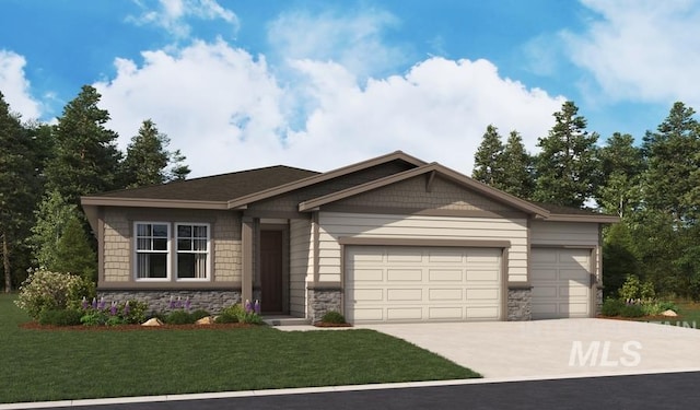 546 Thistle Hills Ave, Middleton, ID 83644 - view of front of home with concrete driveway, a front lawn, stone siding, and an attached garage