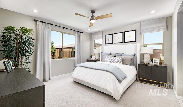 546 Thistle Hills Ave, Middleton, ID 83644 - bedroom with baseboards, a ceiling fan, light colored carpet, and recessed lighting