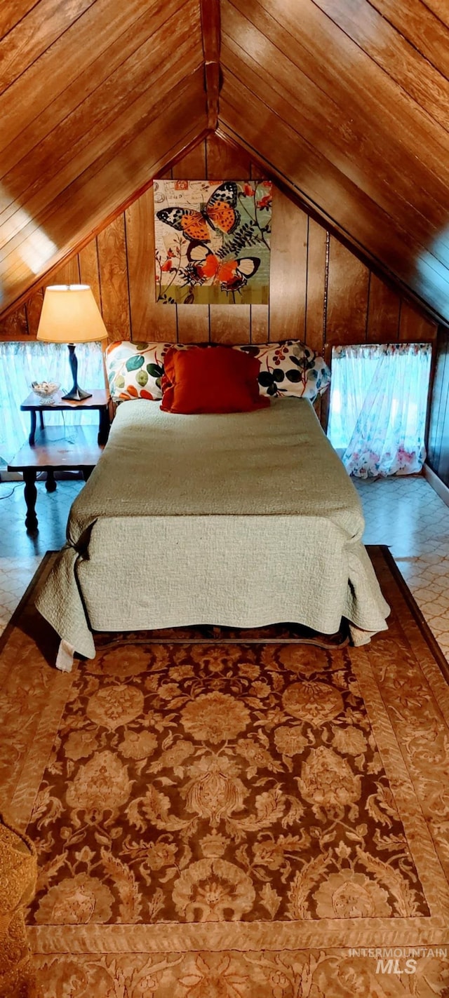 11 Turner Cir, Boise, ID 83716 - bedroom featuring vaulted ceiling, wooden walls, and wooden ceiling