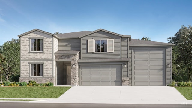 1285 S Sabrina Ave, Kuna, ID 83634 - view of front facade featuring stone siding, driveway, a front lawn, roof with shingles, and a garage