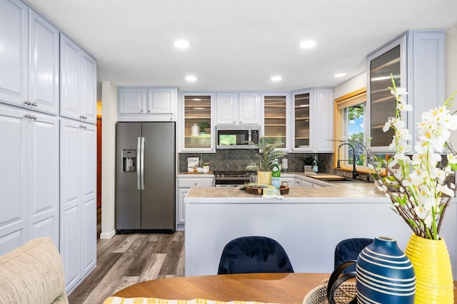 4130 S Ticonderoga Way, Boise, ID 83706 - kitchen with stainless steel appliances, a sink, tasteful backsplash, dark wood-style flooring, and a peninsula