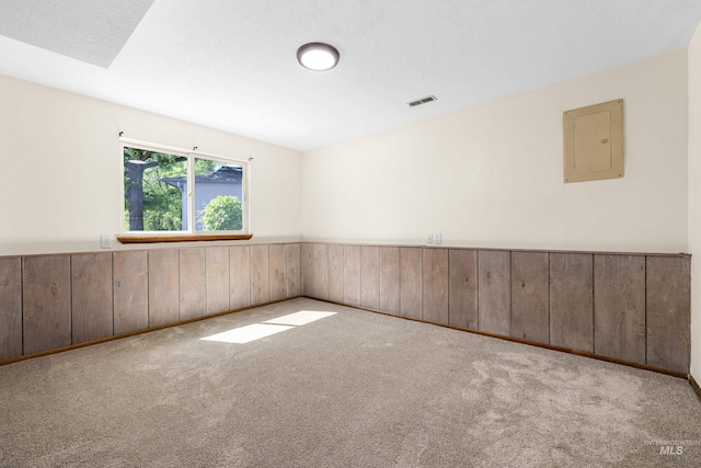 4130 S Ticonderoga Way, Boise, ID 83706 - empty room with electric panel, wainscoting, carpet floors, and wood walls