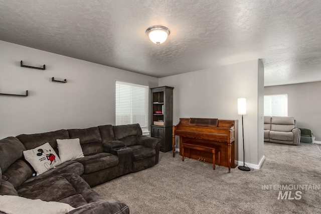 living room featuring carpet and a textured ceiling