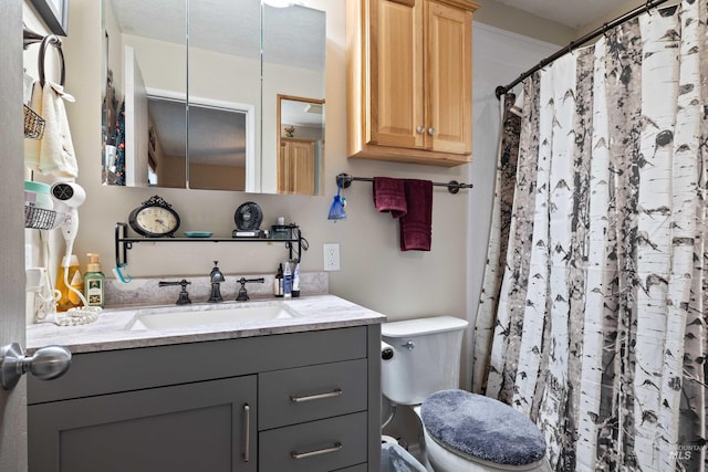 full bath featuring toilet, vanity, and a shower with curtain