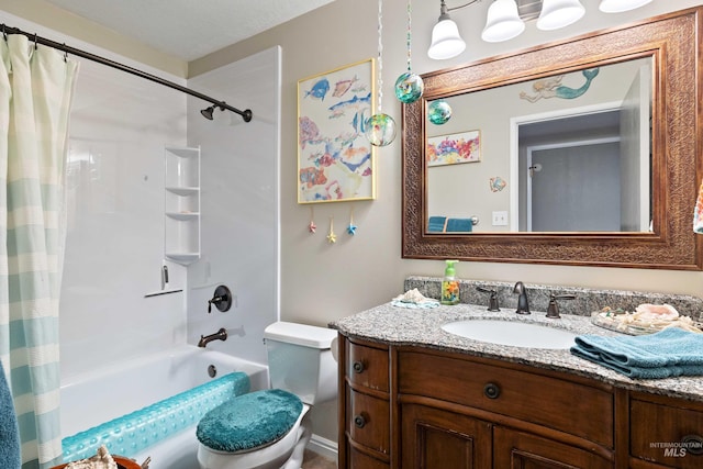 full bathroom featuring shower / tub combo, vanity, and toilet