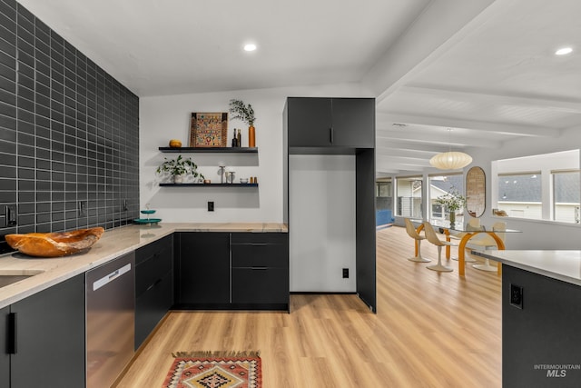 kitchen with dishwasher, open shelves, dark cabinetry, and light wood-type flooring