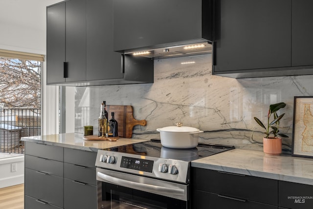 kitchen with electric range, decorative backsplash, modern cabinets, and dark cabinetry
