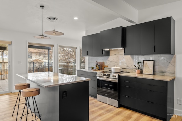 kitchen featuring dark cabinets, a wealth of natural light, and stainless steel electric range oven